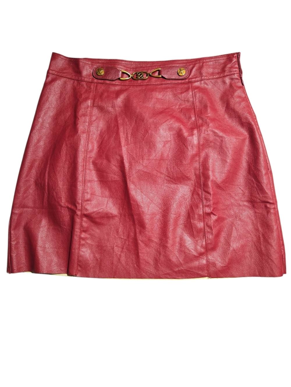 Vintage Women's Red Faux Leather Mini Skirt with Gold Hardware